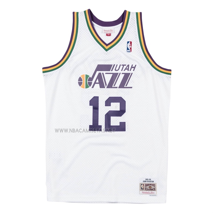 Camiseta Utah Jazz John Stockton NO 12 Mitchell & Ness 1991-92 Blanco